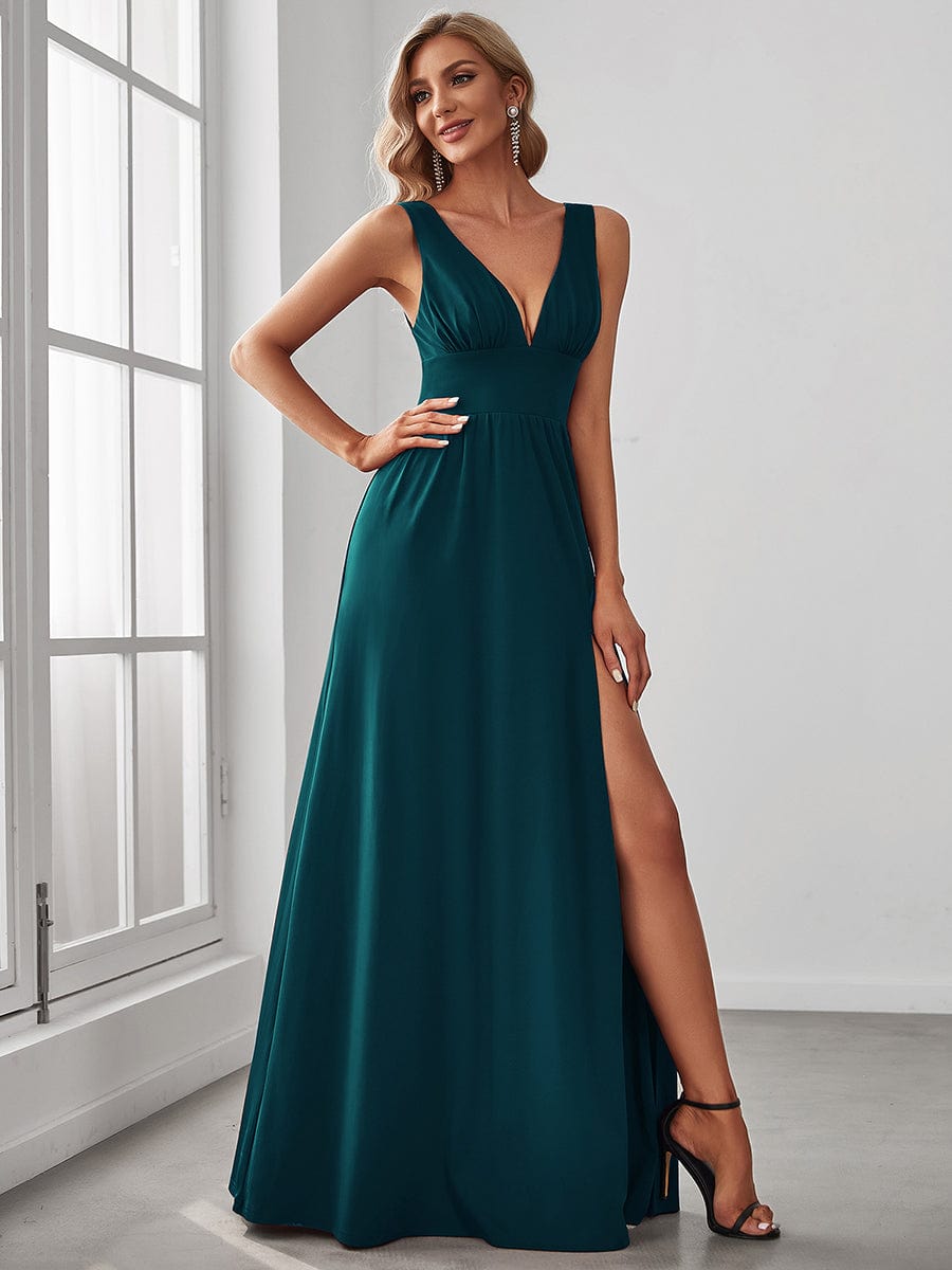 V-Neck High Slit Empire Waist Floor-Length Evening Dress #color_Teal