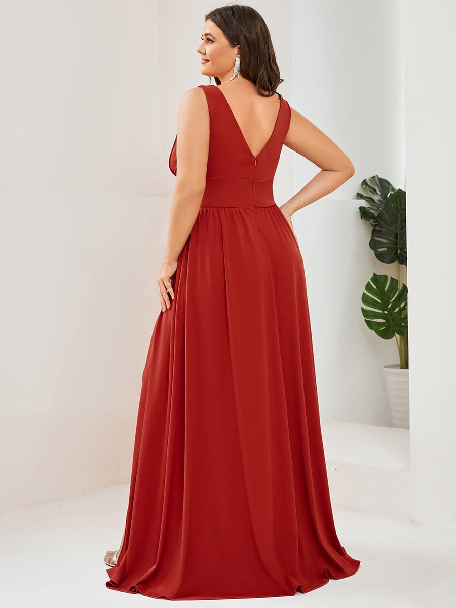 V-Neck High Slit Empire Waist Floor-Length Evening Dress #color_Vermilion