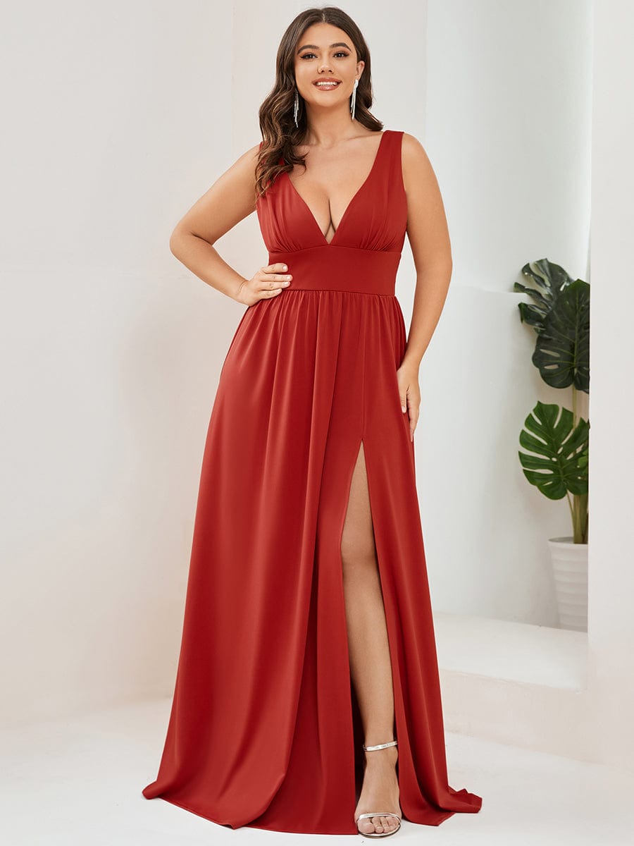 Custom Size V-Neck High Slit Empire Waist Floor-Length Evening Dress #color_Vermilion