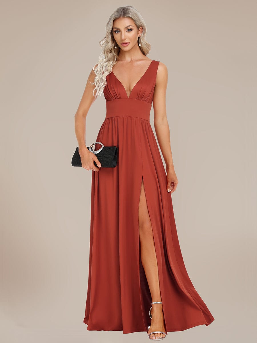 V-Neck High Slit Empire Waist Floor-Length Evening Dress #color_Vermilion