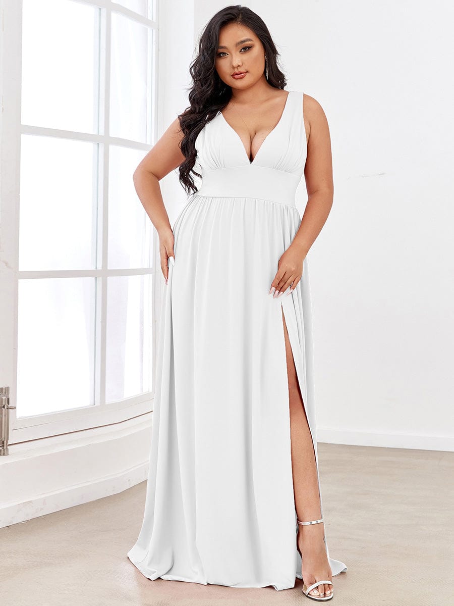 Plus Size Chiffon Lace Print Sleeveless Empire Waist V-Neck Evening Dress #color_White