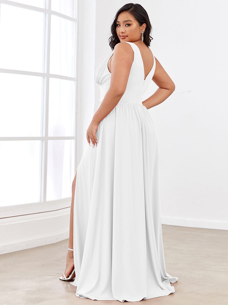 V-Neck High Slit Empire Waist Floor-Length Evening Dress #color_White