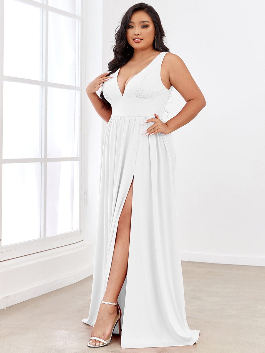 V-Neck High Slit Empire Waist Floor-Length Evening Dress #color_White