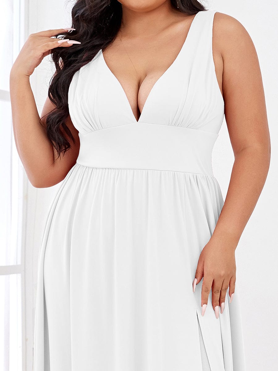 Plus Size Chiffon Lace Print Sleeveless Empire Waist V-Neck Evening Dress #color_White