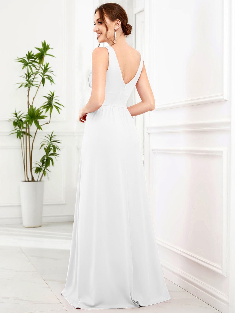 V-Neck High Slit Empire Waist Floor-Length Evening Dress #color_White