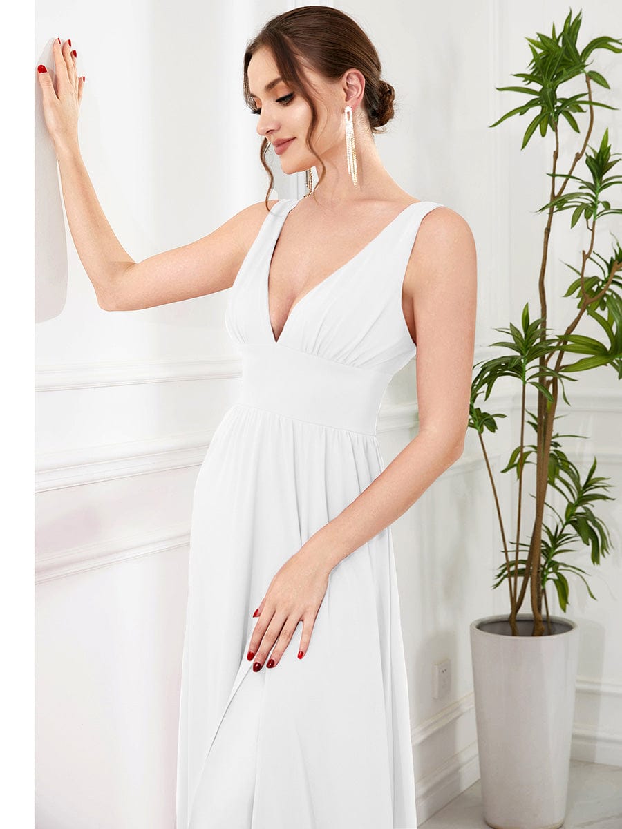 V-Neck High Slit Empire Waist Floor-Length Evening Dress #color_White