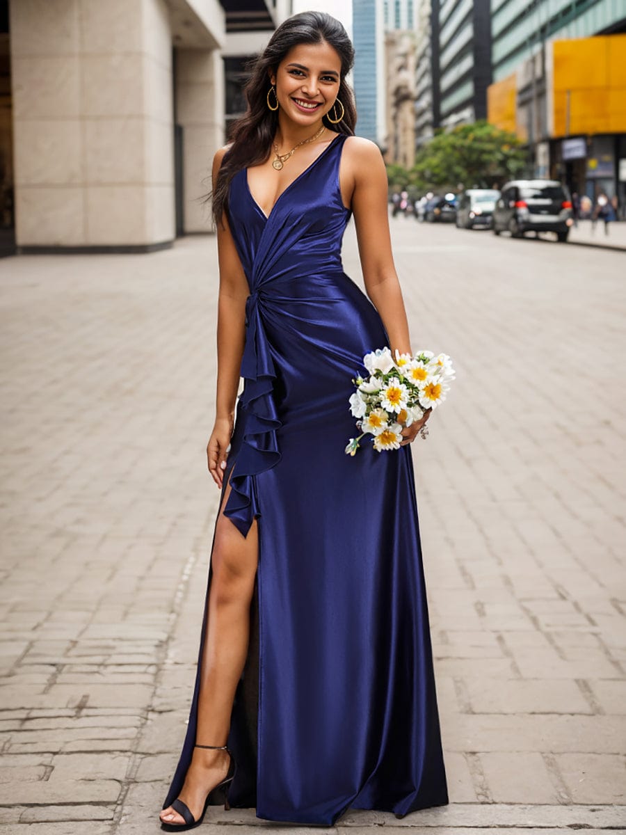 Elegant V Neck Pleated High Slit Satin Evening Dress #color_Navy Blue