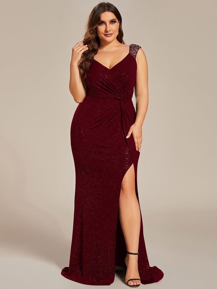 Elegant V Neck High Slit Plus Size Sequin Evening Dress #color_Burgundy