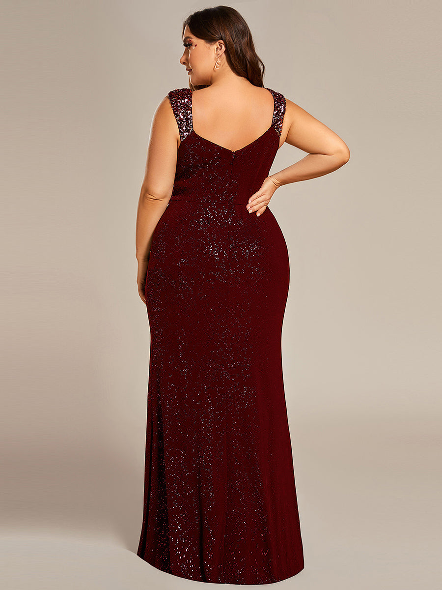 Elegant Sequin V Neck High Slit Evening Dress #color_Burgundy