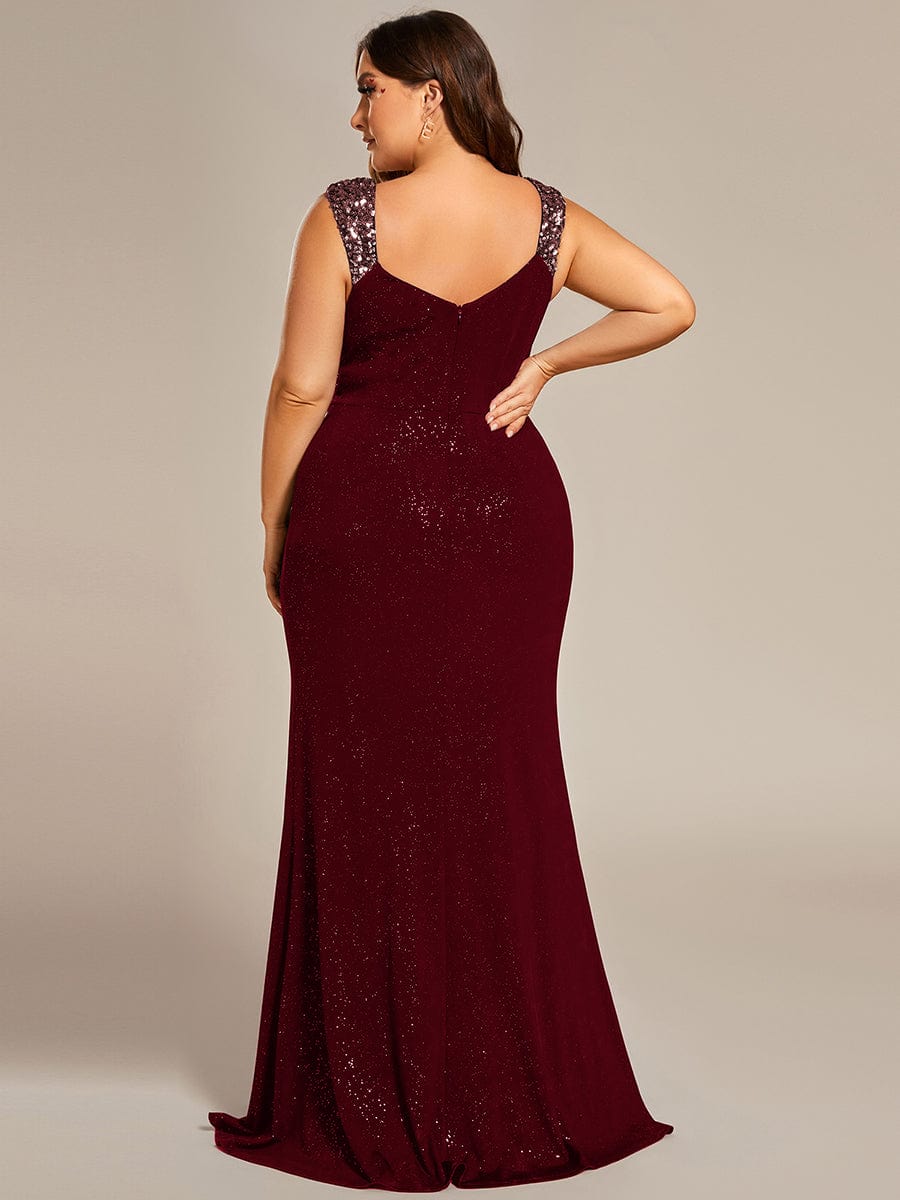 Elegant V Neck High Slit Plus Size Sequin Evening Dress #color_Burgundy