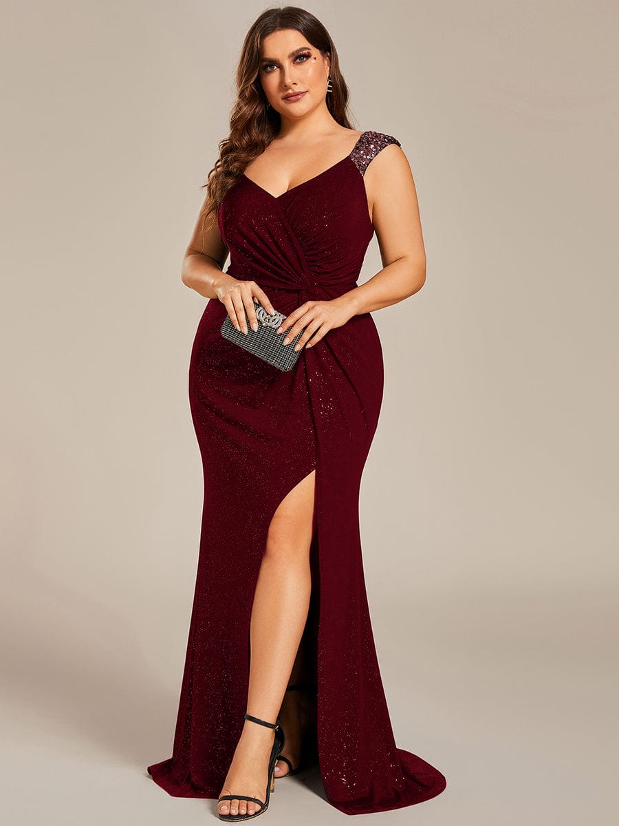 Elegant V Neck High Slit Plus Size Sequin Evening Dress #color_Burgundy