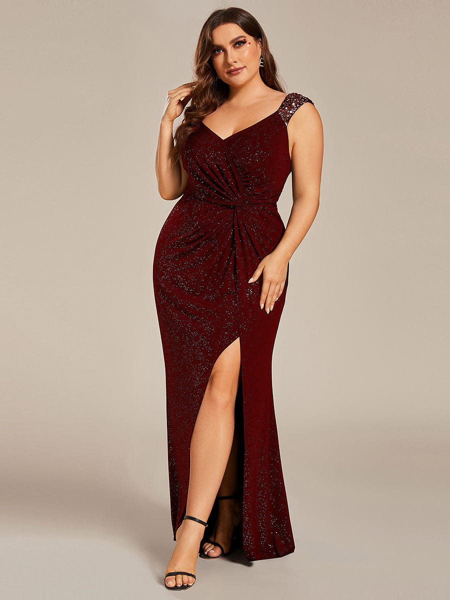 Elegant V Neck High Slit Plus Size Sequin Evening Dress #color_Burgundy