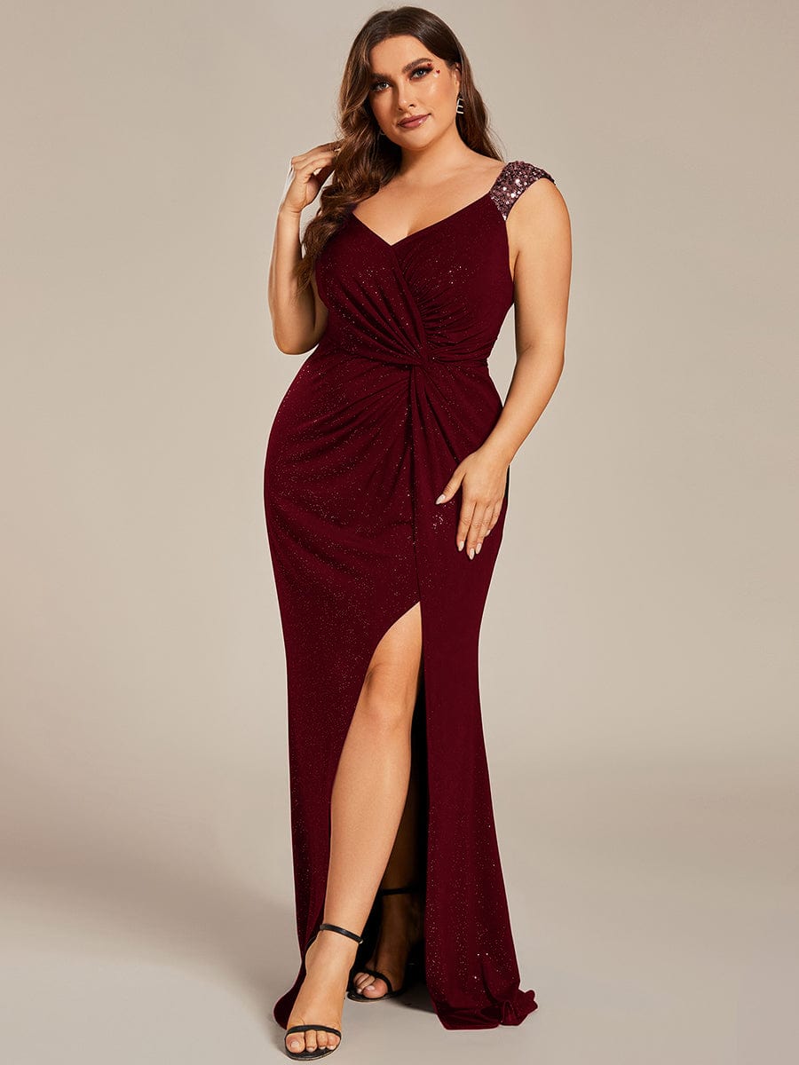 Elegant Sequin V Neck High Slit Evening Dress #color_Burgundy