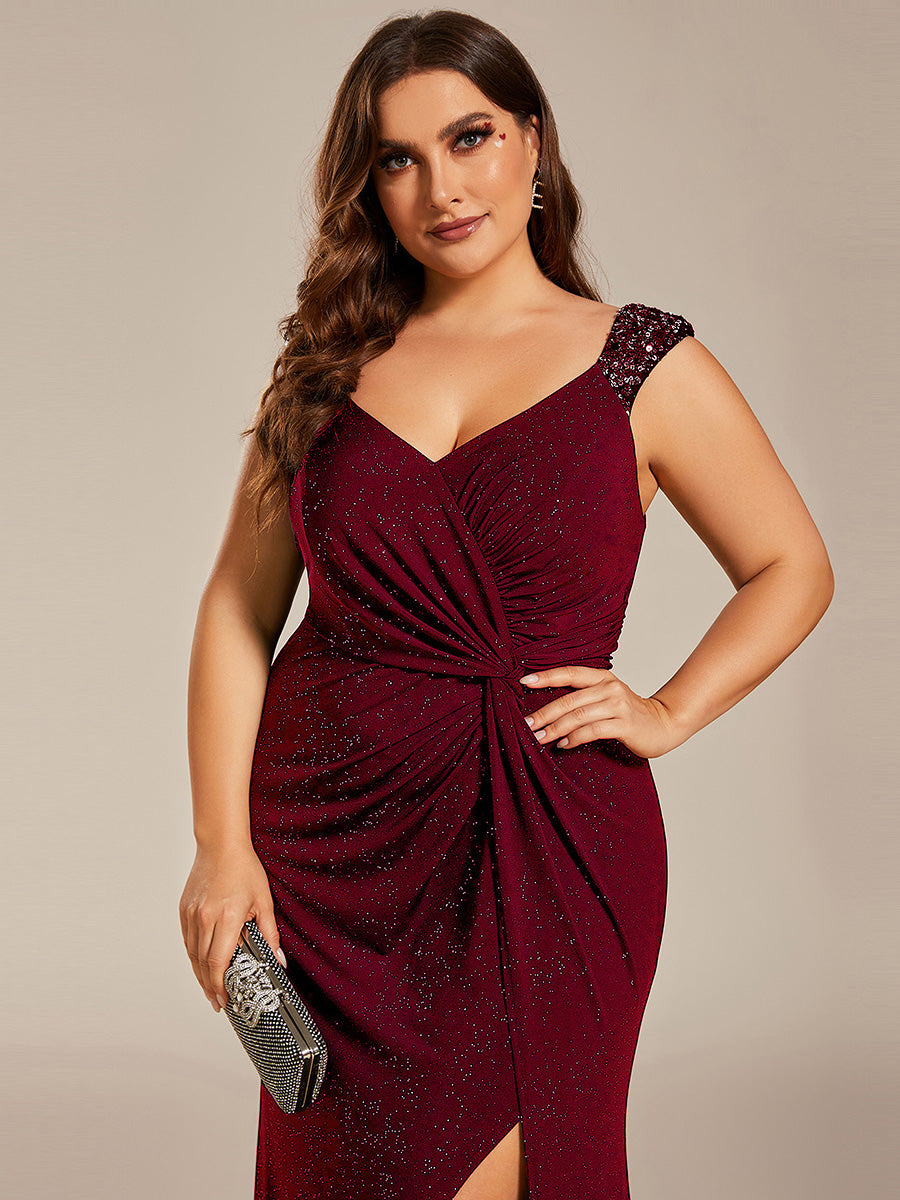 Elegant Sequin V Neck High Slit Evening Dress #color_Burgundy