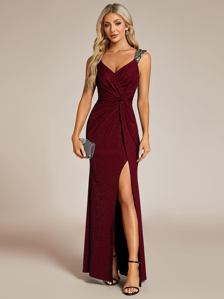 Elegant Sequin V Neck High Slit Evening Dress #color_Burgundy