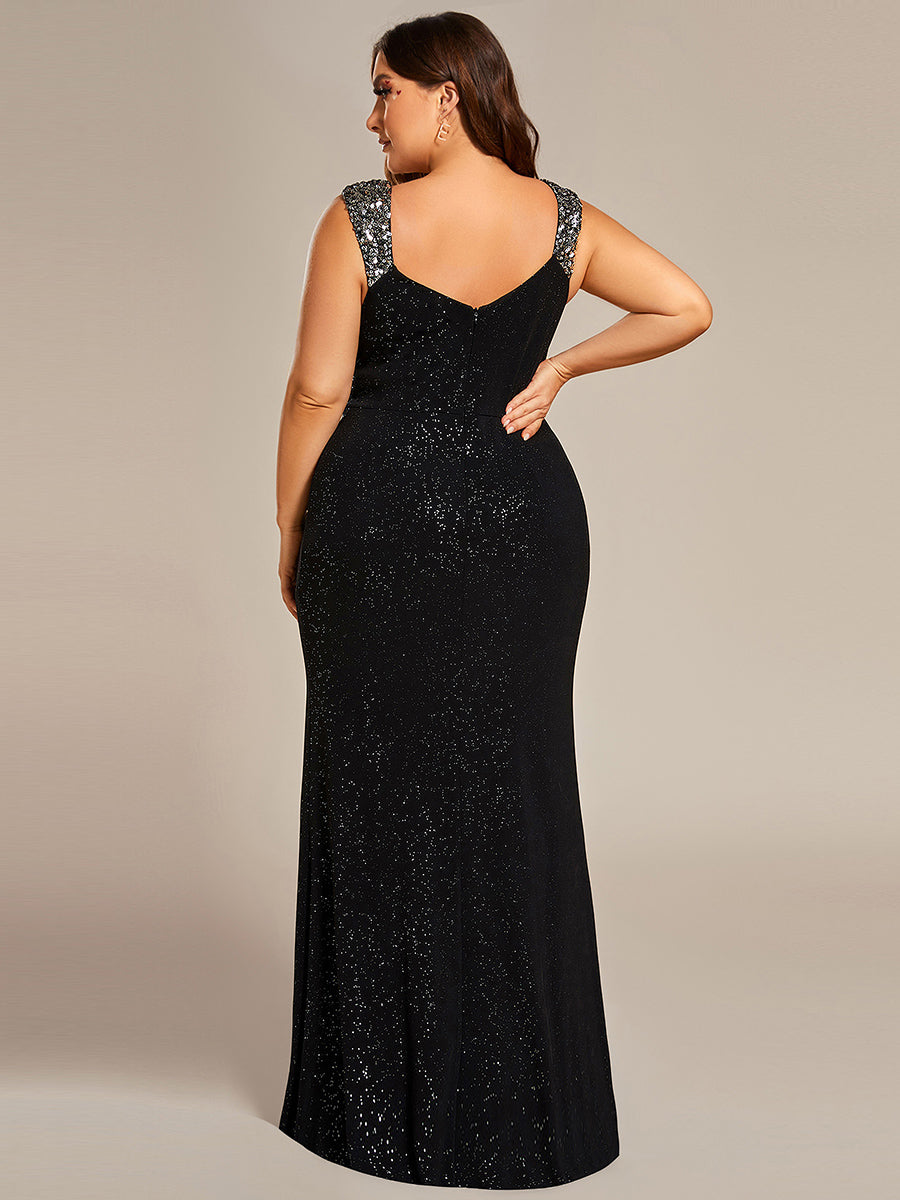 Elegant Sequin V Neck High Slit Wedding Guest Dresses #color_Black