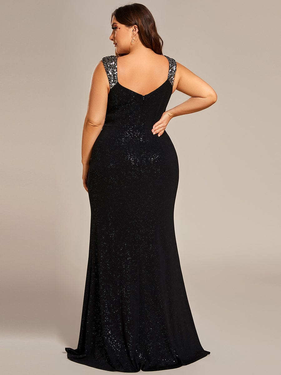 Elegant Sequin V Neck High Slit Evening Dress #color_Black