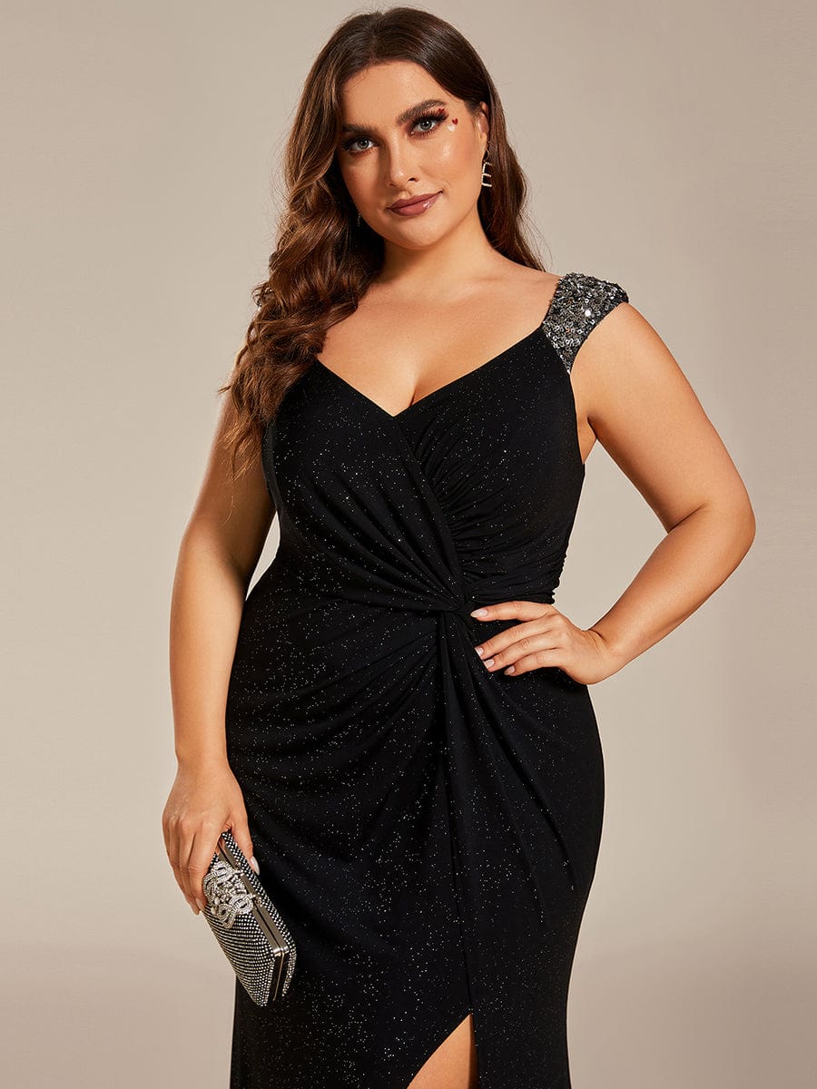 Elegant V Neck High Slit Plus Size Sequin Evening Dress #color_Black