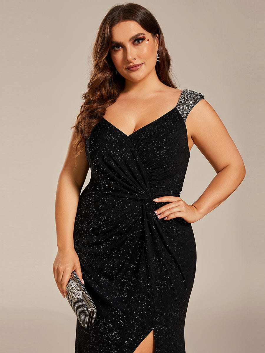 Elegant V Neck High Slit Plus Size Sequin Evening Dress #color_Black