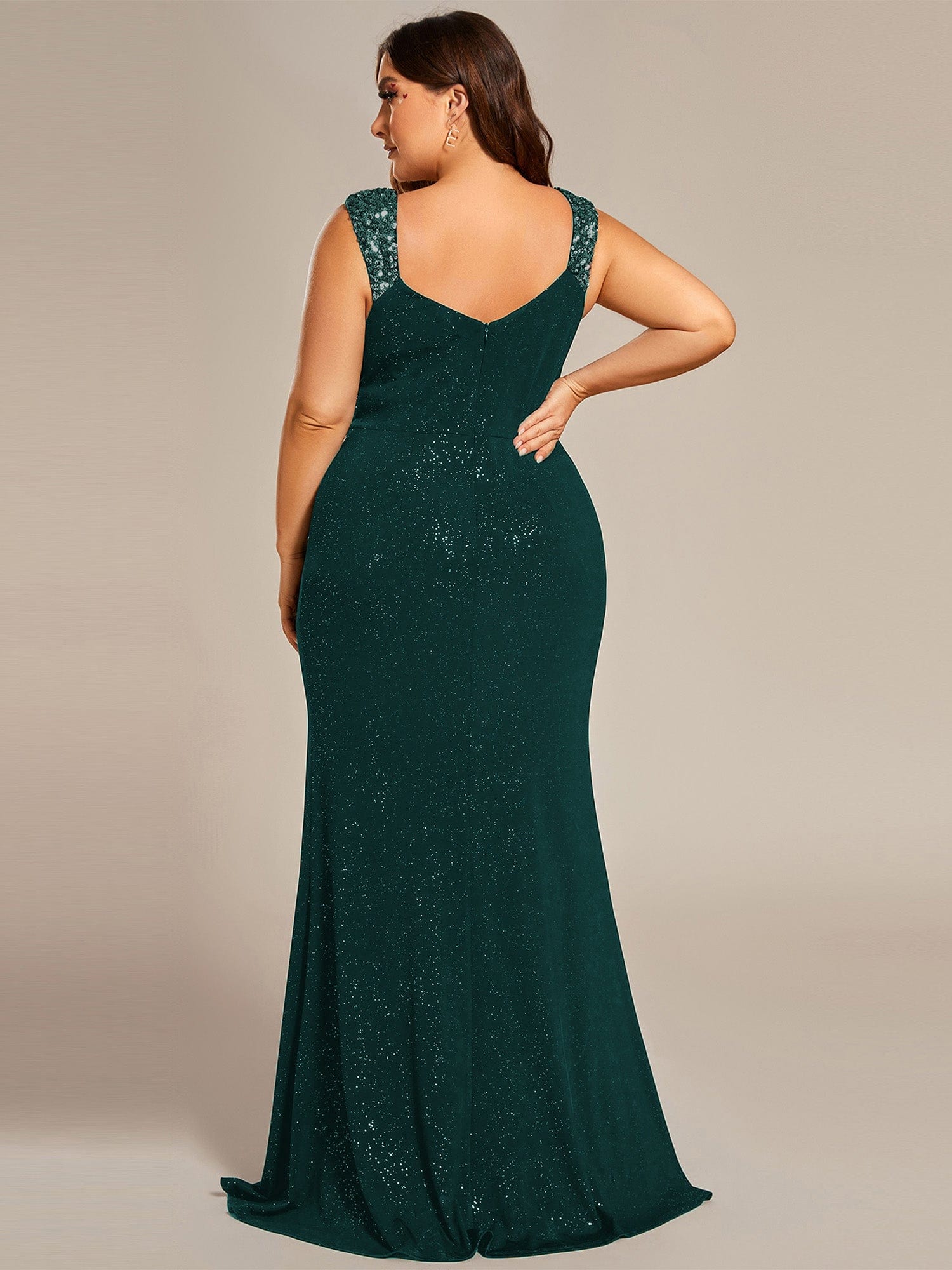 Elegant V Neck High Slit Plus Size Sequin Evening Dress #color_Dark Green