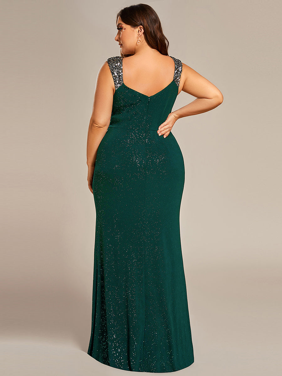 Elegant Sequin V Neck High Slit Evening Dress #color_Dark Green