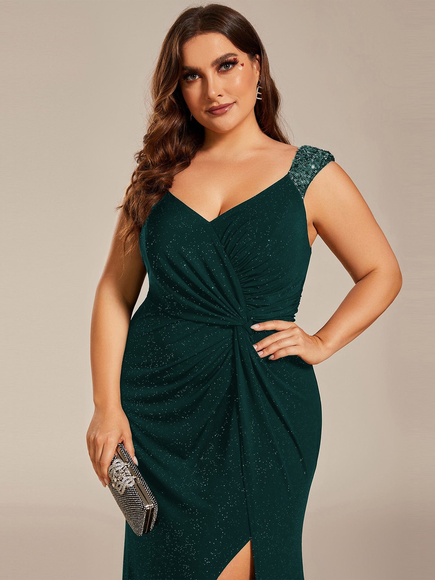 Elegant V Neck High Slit Plus Size Sequin Evening Dress #color_Dark Green