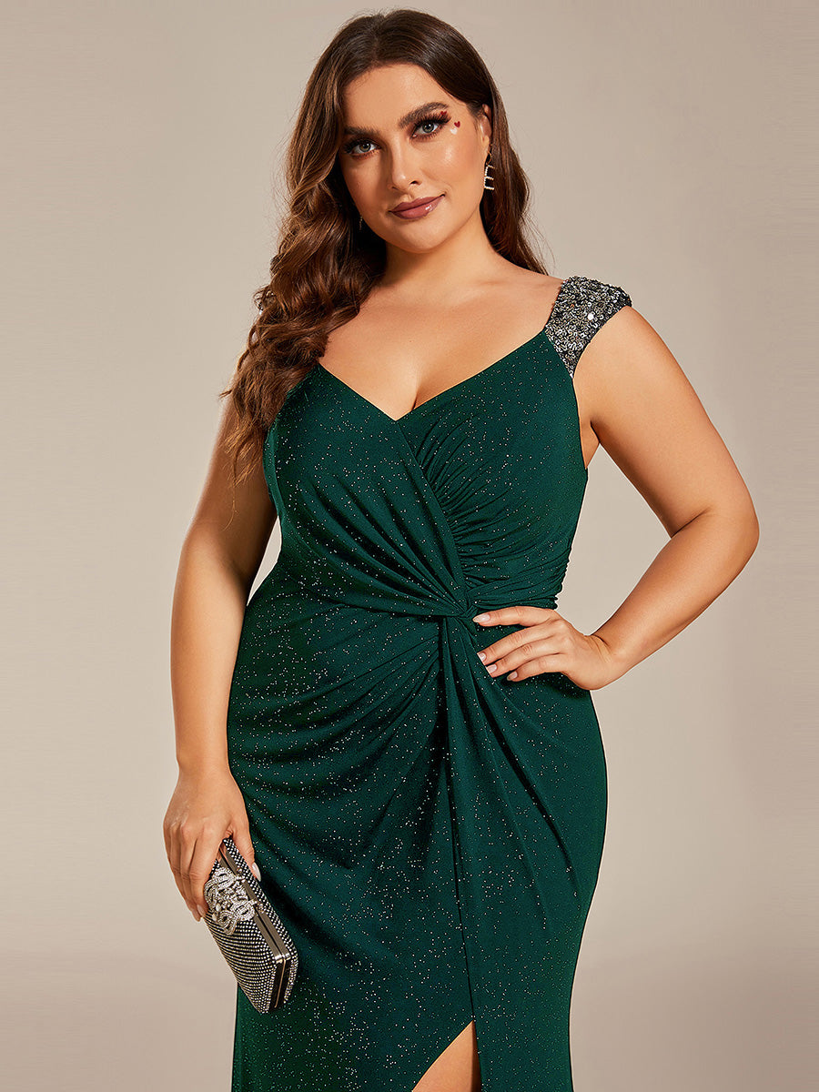 Elegant Sequin V Neck High Slit Wedding Guest Dresses #color_Dark Green