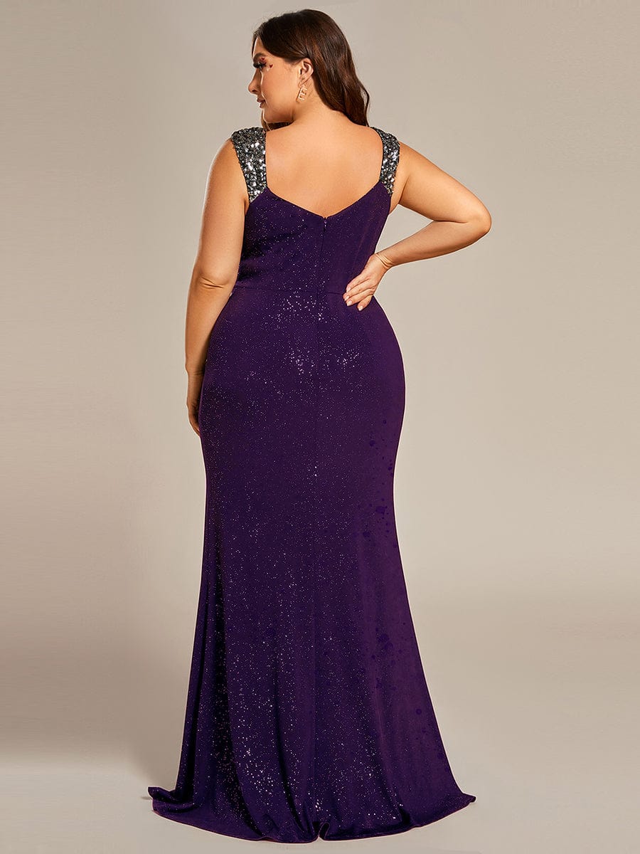 Elegant V Neck High Slit Plus Size Sequin Evening Dress #color_Dark Purple