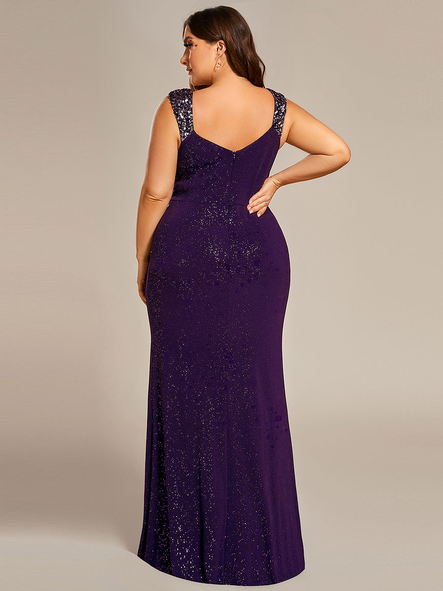 Elegant Sequin V Neck High Slit Wedding Guest Dresses #color_Dark Purple