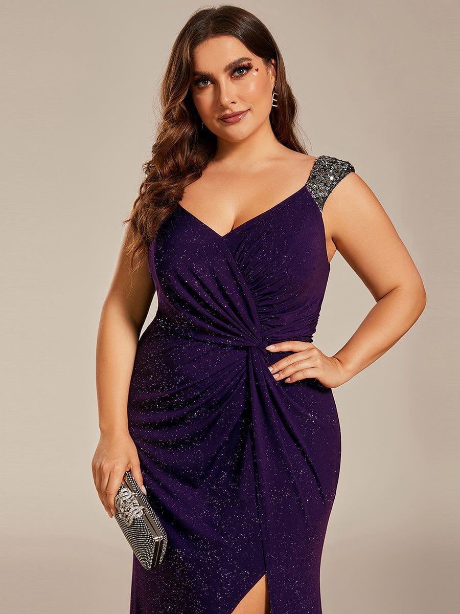 Elegant V Neck High Slit Plus Size Sequin Evening Dress #color_Dark Purple