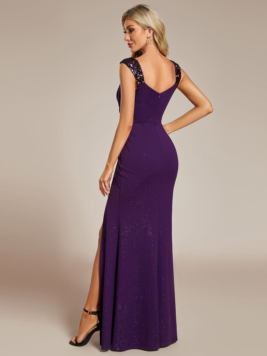 Elegant Sequin V Neck High Slit Evening Dress #color_Dark Purple