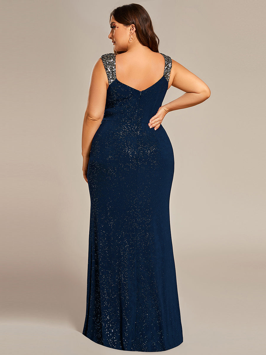 Elegant Sequin V Neck High Slit Evening Dress #color_Navy Blue