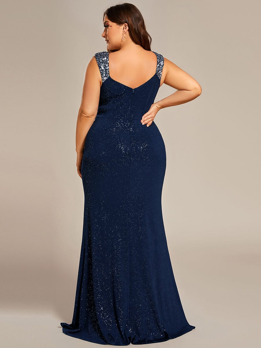 Elegant V Neck High Slit Plus Size Sequin Evening Dress #color_Navy Blue