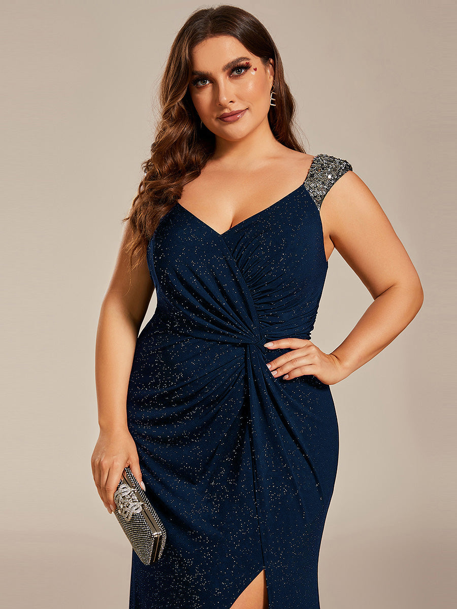 Elegant Sequin V Neck High Slit Evening Dress #color_Navy Blue