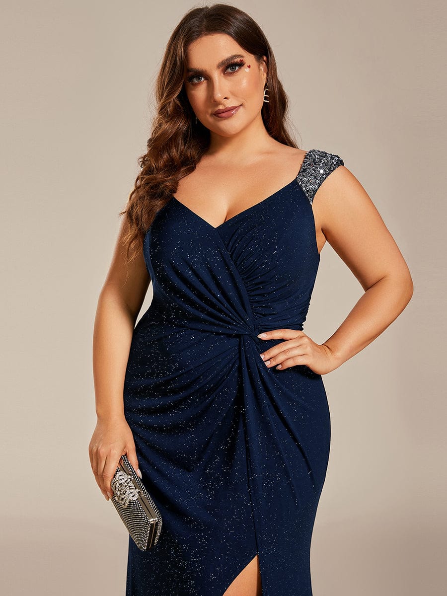 Elegant V Neck High Slit Plus Size Sequin Evening Dress #color_Navy Blue