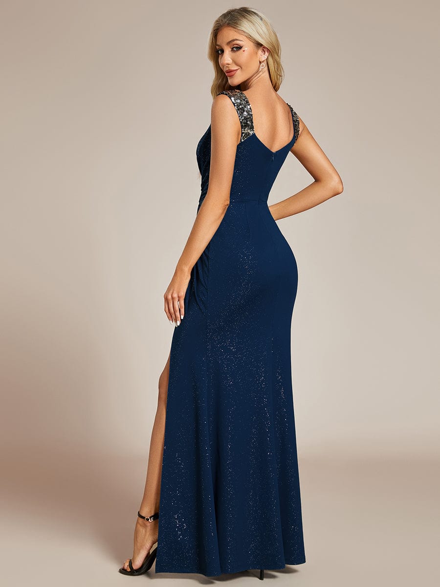 Elegant Sequin V Neck High Slit Evening Dress #color_Navy Blue