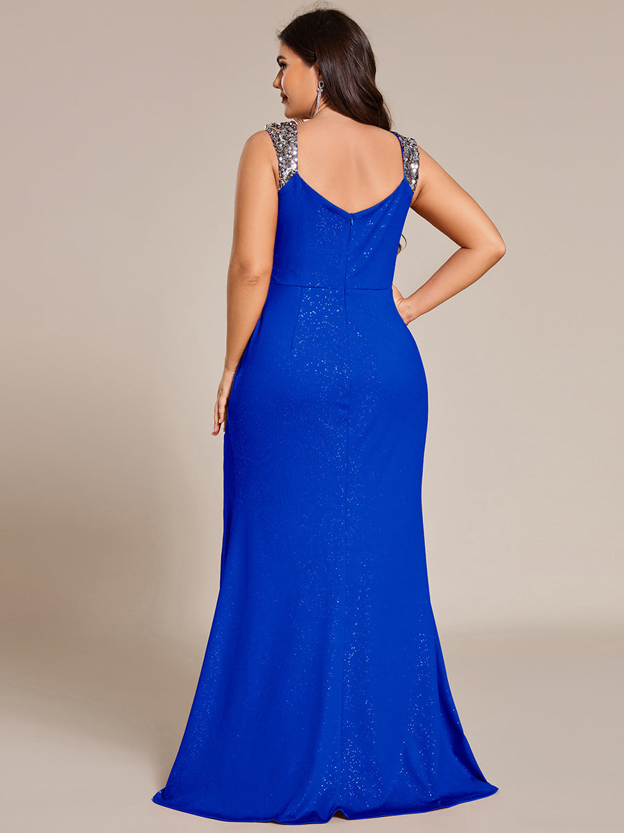 Elegant Sequin V Neck High Slit Wedding Guest Dresses #color_Sapphire Blue