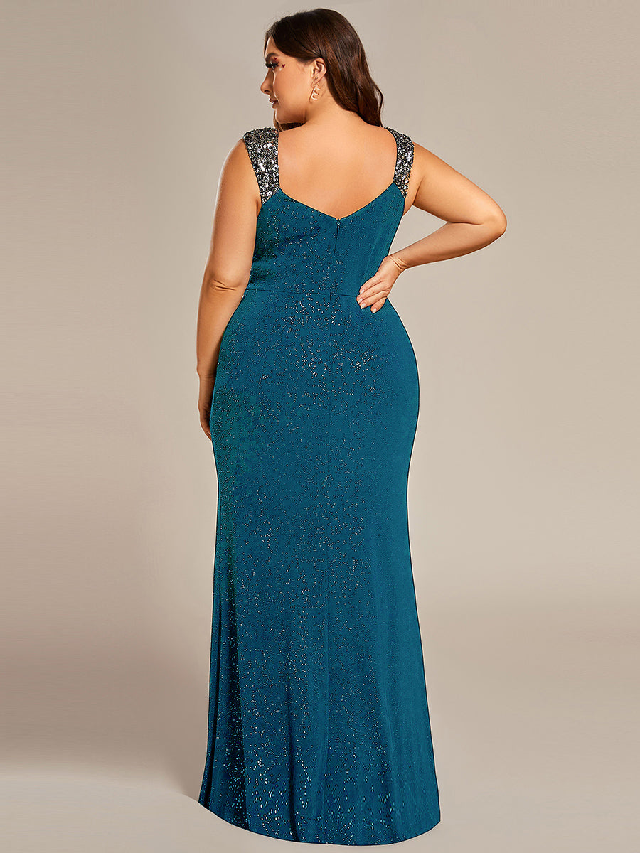 Elegant Sequin V Neck High Slit Evening Dress #color_Teal