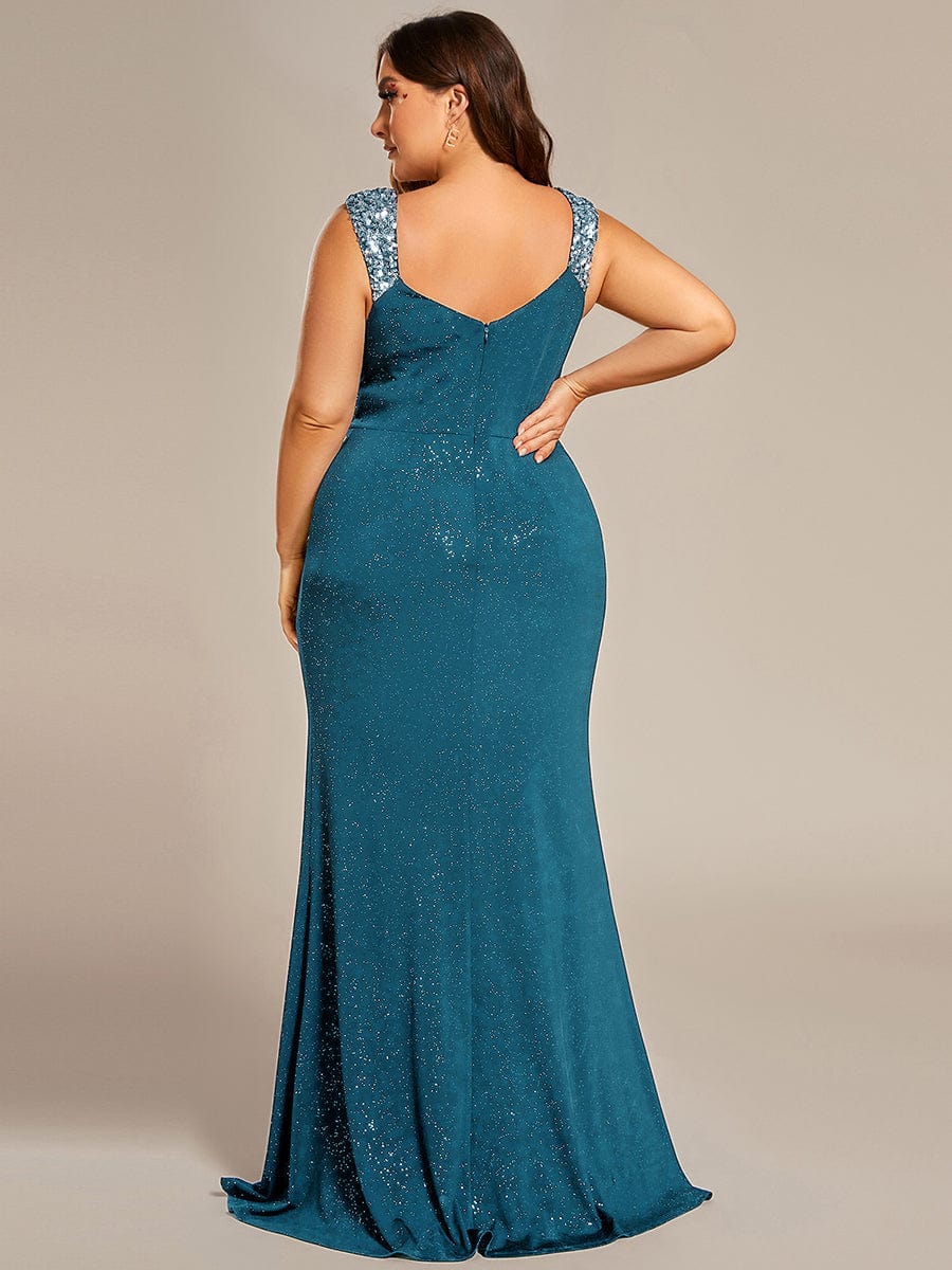 Elegant V Neck High Slit Plus Size Sequin Evening Dress #color_Teal