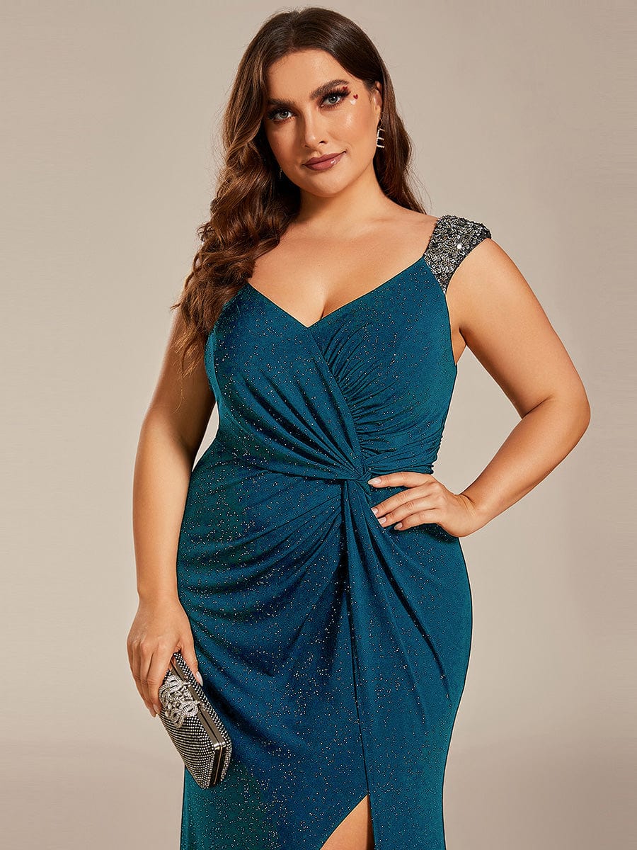 Elegant V Neck High Slit Plus Size Sequin Evening Dress #color_Teal