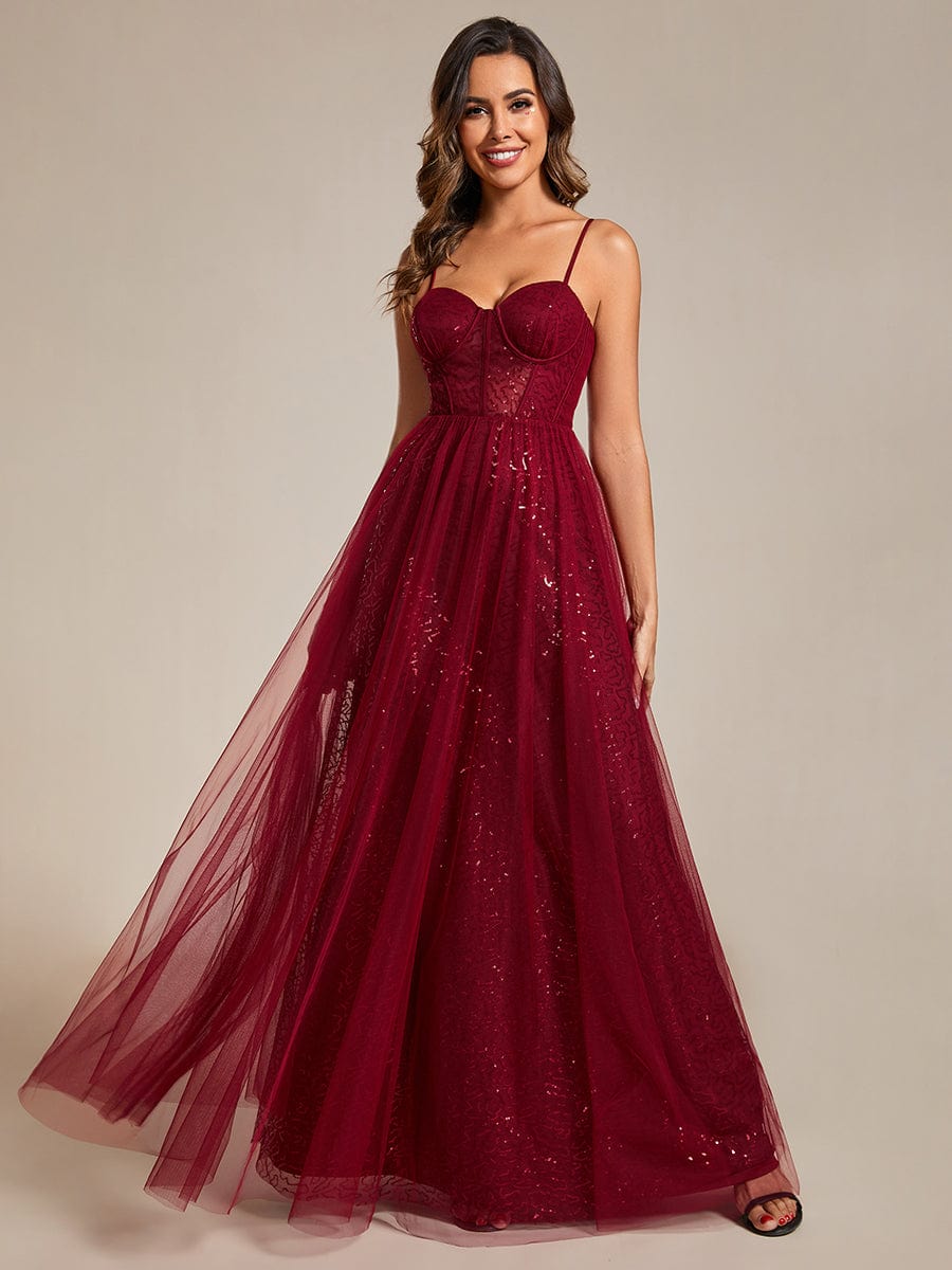 Elegant Sequin Spaghetti Strap A-Line Evening Dress #color_Burgundy