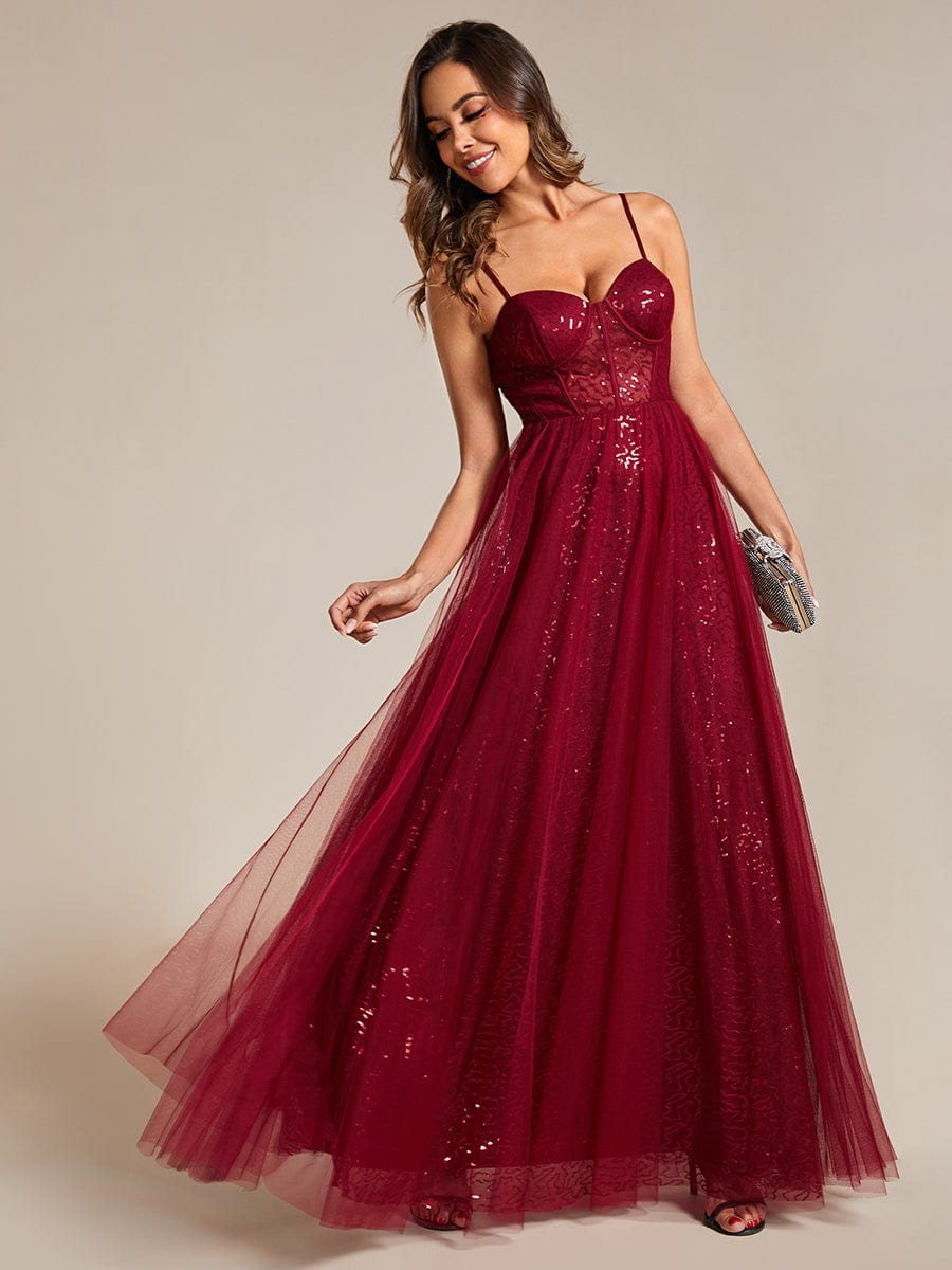 Elegant Sequin Spaghetti Strap A-Line Evening Dress #color_Burgundy