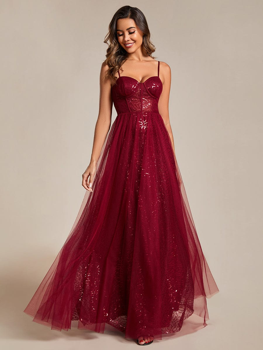 Elegant Sequin Spaghetti Strap A-Line Evening Dress #color_Burgundy