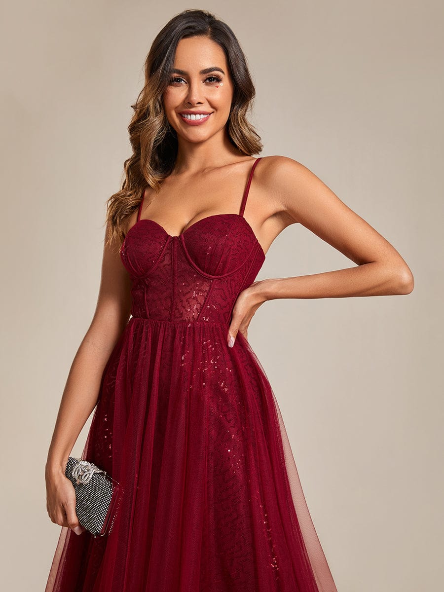 Elegant Sequin Spaghetti Strap A-Line Evening Dress #color_Burgundy