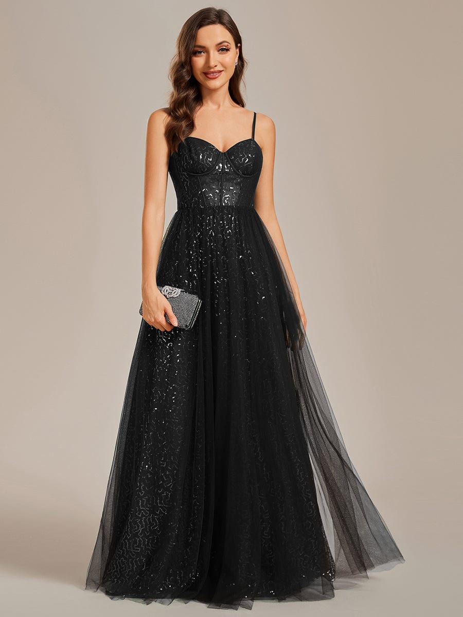 Elegant Sequin Spaghetti Strap A-Line Evening Dress #color_Black