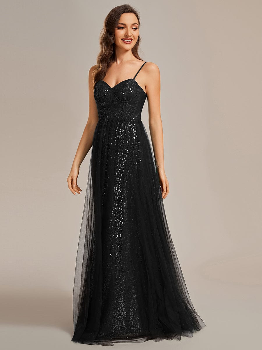 Elegant Sequin Spaghetti Strap A-Line Evening Dress #color_Black