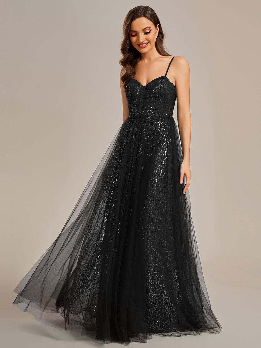 Elegant Sequin Spaghetti Strap A-Line Evening Dress #color_Black