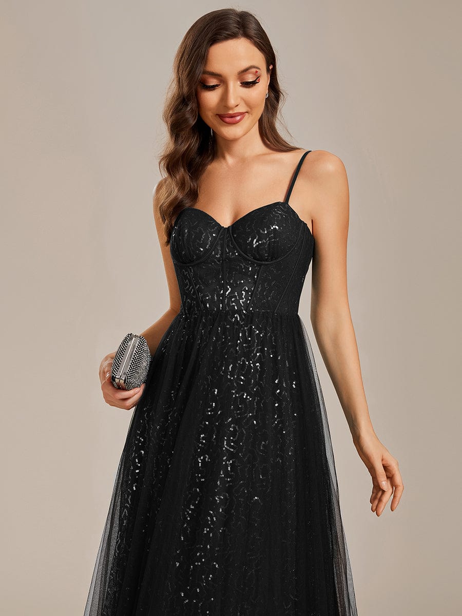 Elegant Sequin Spaghetti Strap A-Line Evening Dress #color_Black