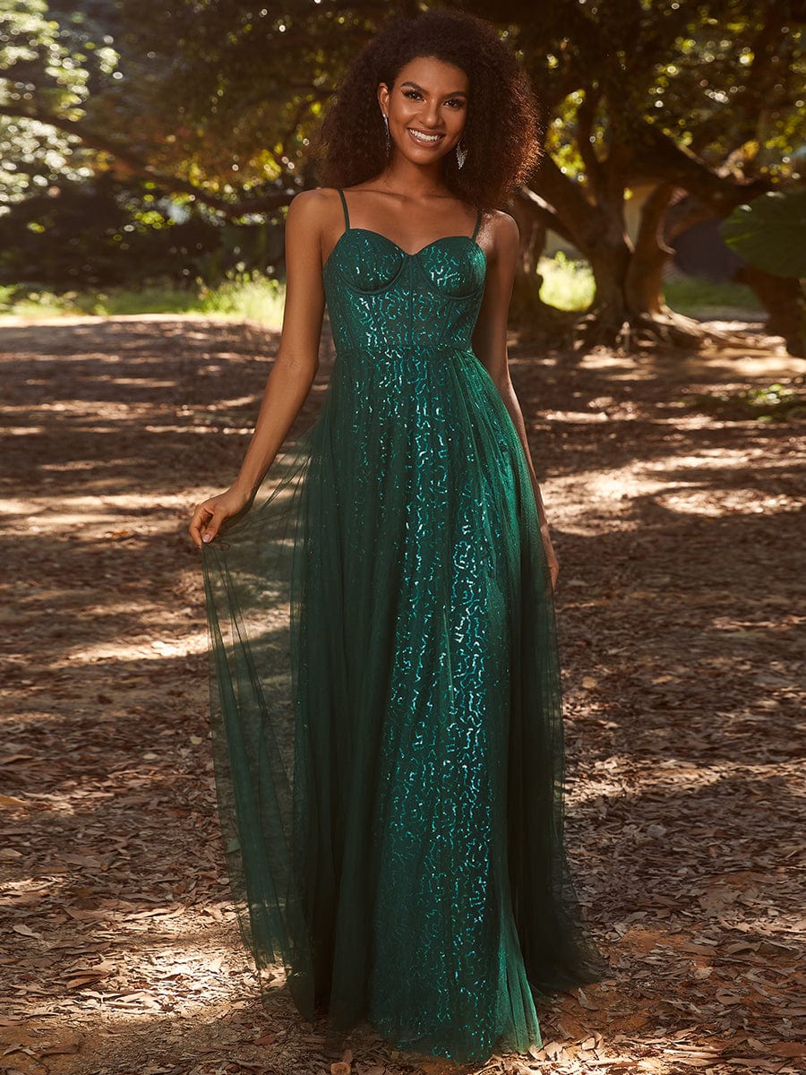 Elegant Sequin Spaghetti Strap A-Line Evening Dress #color_Dark Green