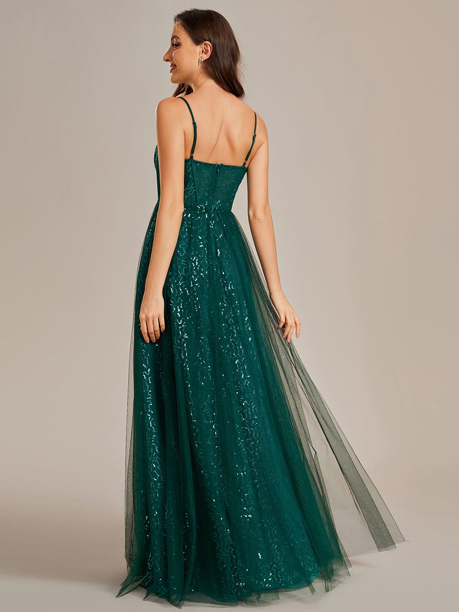 Elegant Sequin Spaghetti Strap A-Line Evening Dress #color_Dark Green